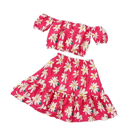 

HIBRO Kids Toddler Baby Girls Spring Summer Flower Print Off Shoulder Skirts Outfits Clothes Mommy Girl Baby Clothes Fall Outfits Kids
