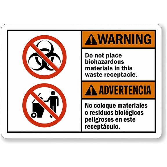 Bilingual Warning No Biohazardous Materials in Waste Receptacle Metal Sign 12 x 8 Inches - Warning for Wall/Fence, Indoor Outdoor Lab, Medical