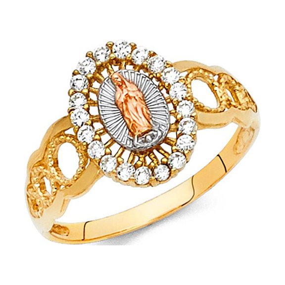 14k Tri Color Italian Solid Gold CZ 12mm Oval Shape Guadalupe Ring