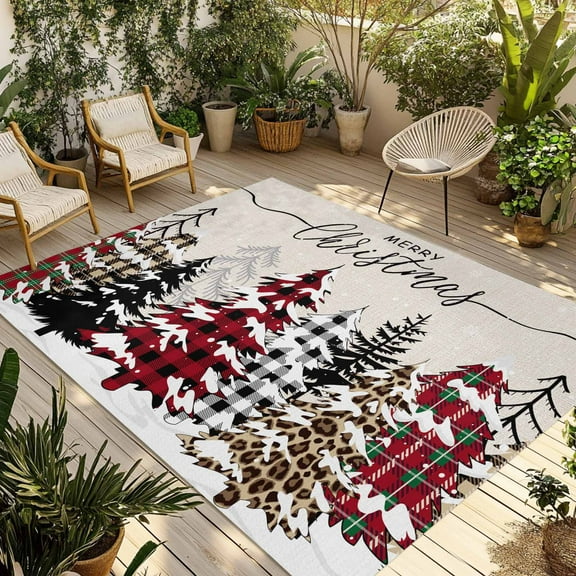 Fsddascl Rustic Christmas Tree Outdoor Rug for Patio/Deck/Porch, Non-Slip Large Area Rug 4 x 6 Ft, Winter Xmas Tree Snowflake Indoor Outdoor Rugs Washable Area Rugs, Reversible Camping Rug Carpet