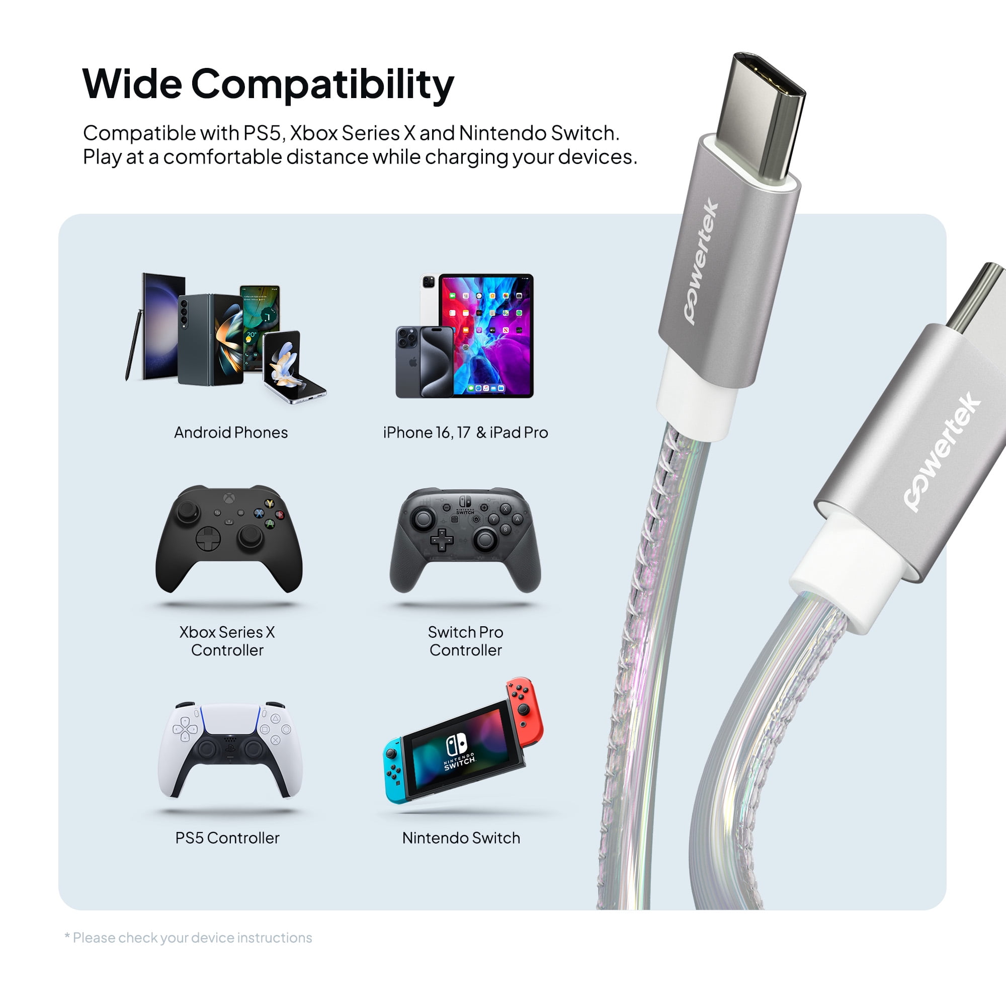 Powertek USB-C to USB-C (Type-C) Metallic Shine Pastel Fast Charging Cable, 60W, 6 ft, Silver