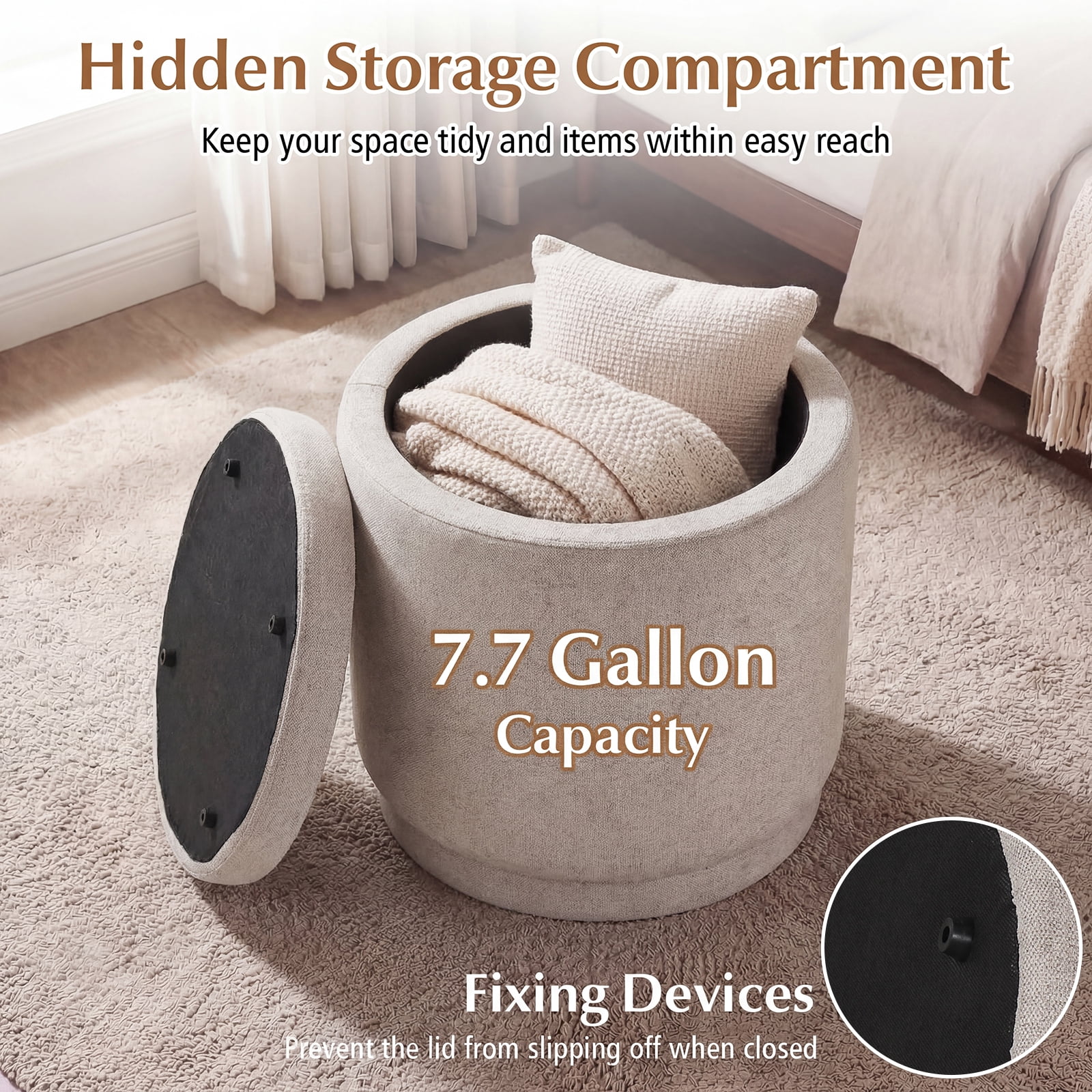 Costway Round Storage Ottoman Foot Rest with Removable Lid 400 LBS Weight Capacity for Home Beige