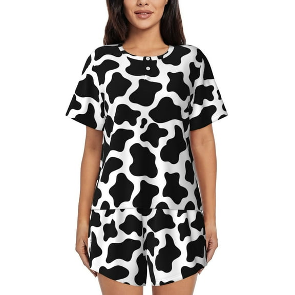 Ratiio Cow Print Black White Print Womens Pajama Sets 2 Piece Soft Short Sleeve Top and Shorts Sleepwear Round Neck Pjs Lounge Set