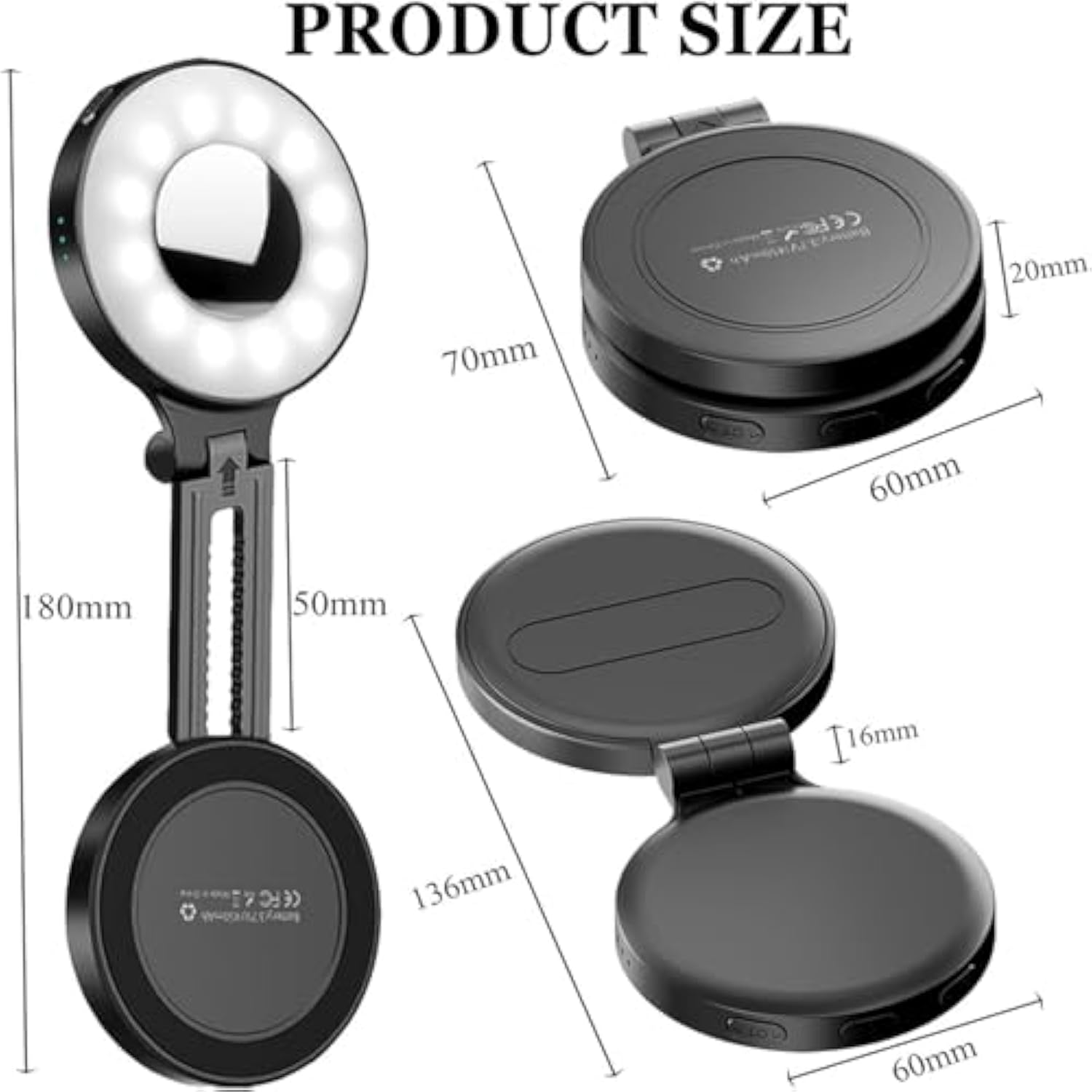 Quantifty 3-in-1 Magnetic Beauty Selfie Light for Phones, Portable Magnetic Selfie Light with Mirror, 360° Foldable Ring Light, Three Soft Color Temperatures, for Photography Recording