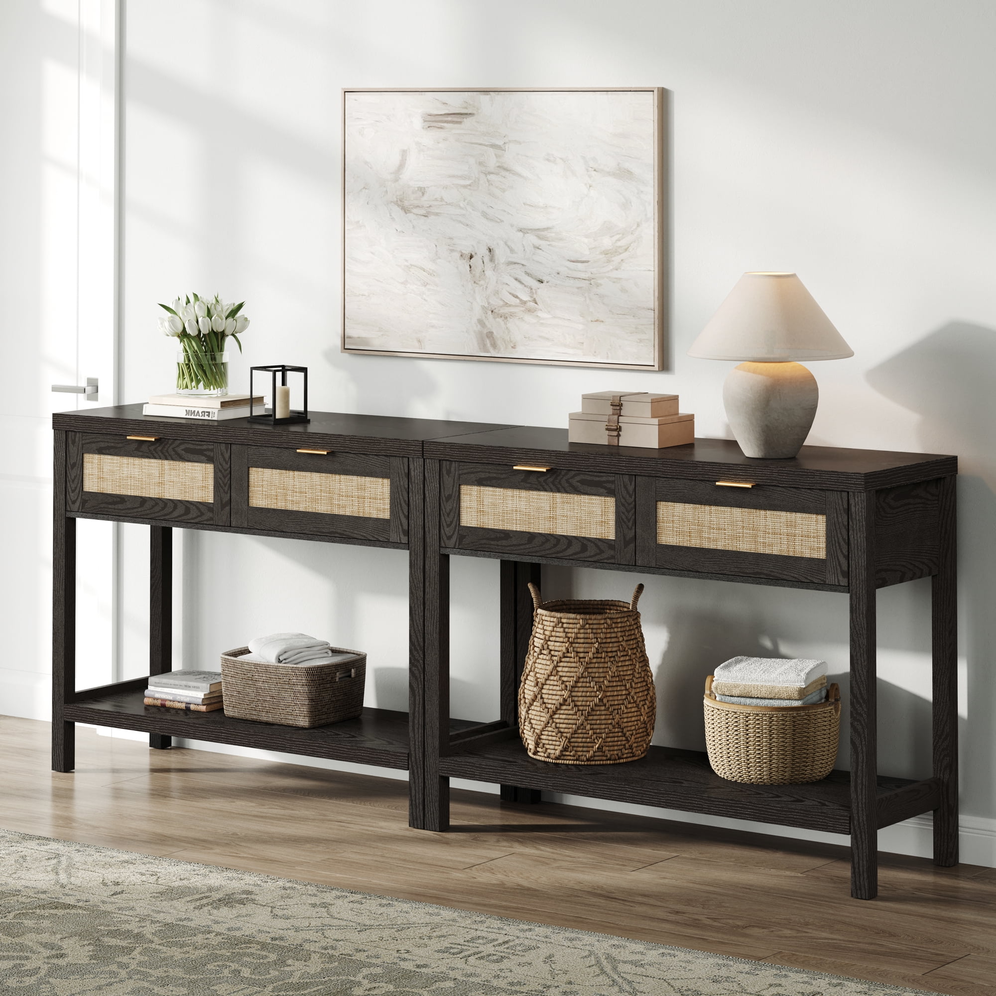 SICOTAS 39.4 Inch Wide Rattan Console Table Set of 2 with 2 Drawers & Shelf, Boho Entryway table with Large Storage Capacity for Entrance Way, Hallway, Living Room - Black Oak