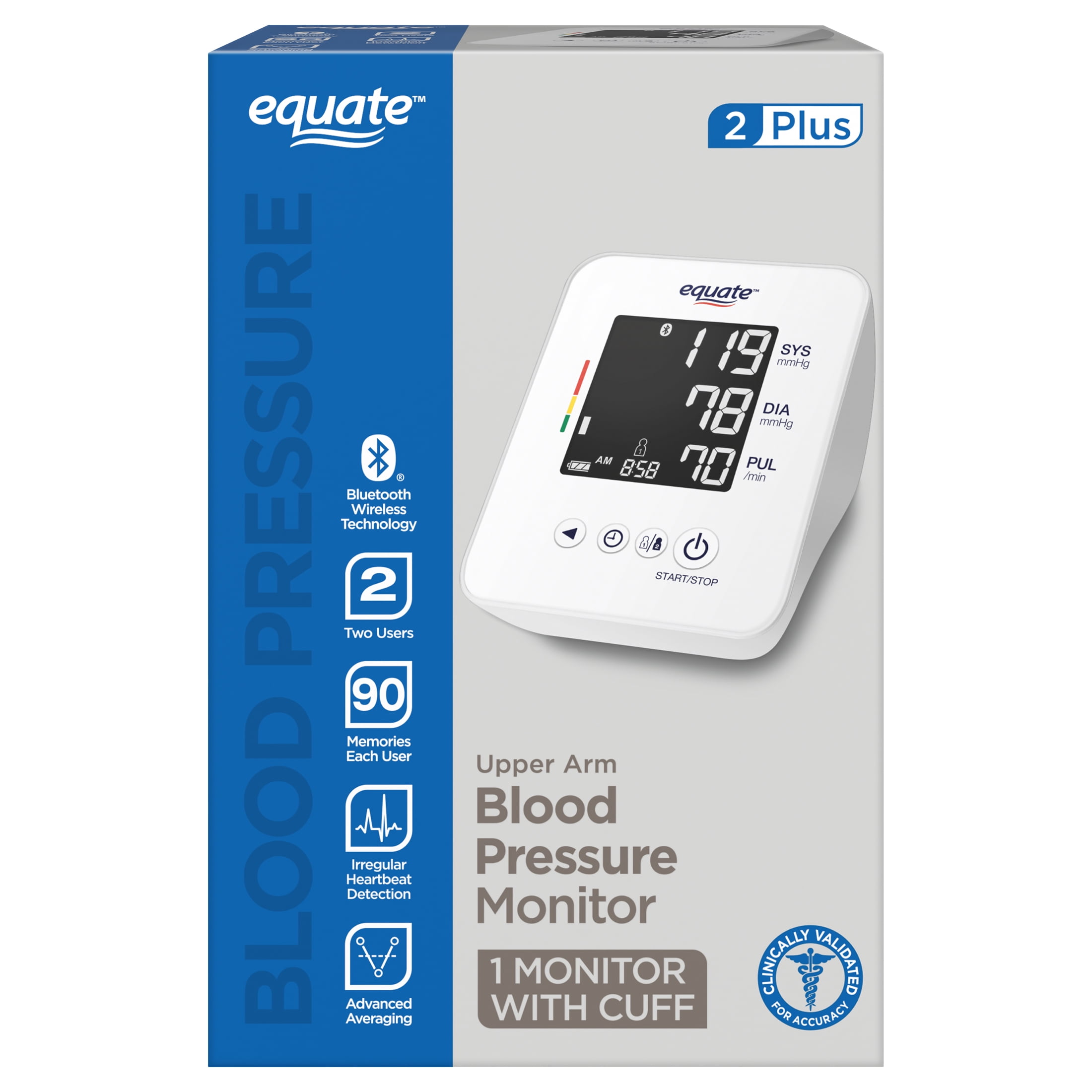 Equate 2 Plus Automatic Digital Wireless Blood Pressure Monitor for Home Use, Multiuser, Upper Arm Cuff - UA-6010BLEWM