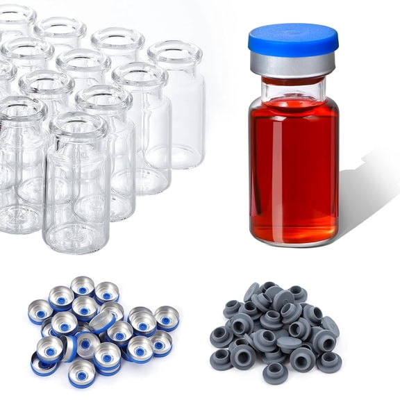 FOUR E's Scientific 100Pack 10ml Glass Vials, Clear Headspace Vials with Plastic-Aluminum Flip off Caps and Rubber Stoppers
