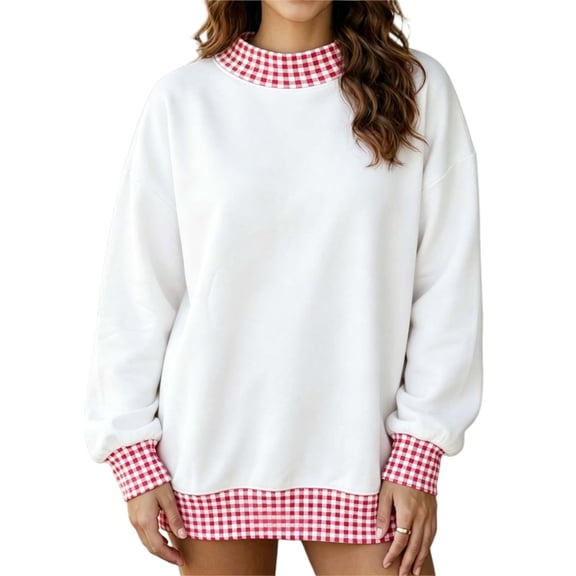 Women's Gingham Check Contrast Sweatshirt Ghalytn Mock Neck Drop Shoulder Loose Pullover Top