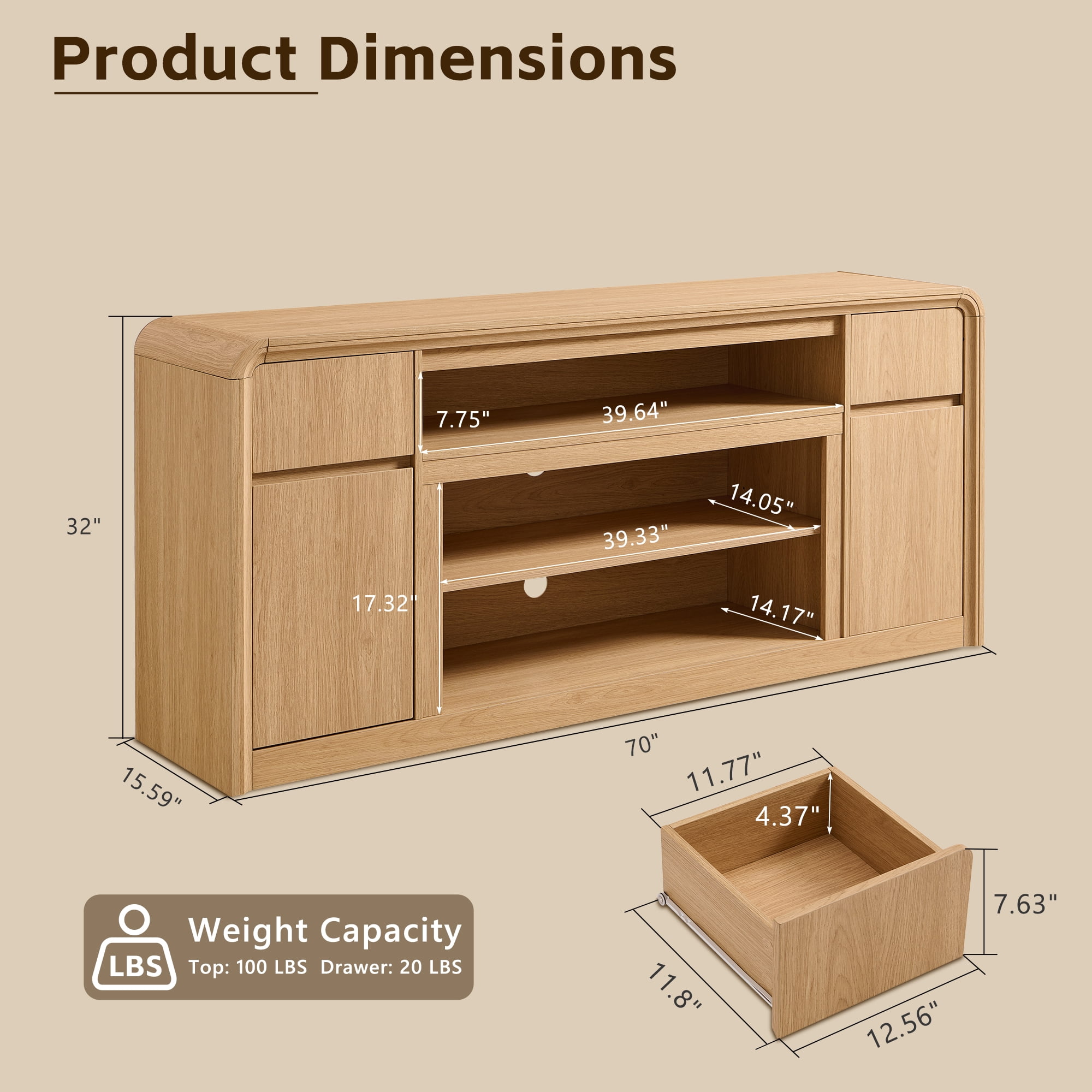 70" Modern TV Stand for TVs Up to 80 inch, 32" Tall Entertainment Center, Wood Media Console & Adjustable Shelves for Living Room, Curved Profile Design