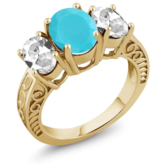 Gem Stone King 3.50 Ct Green Turquoise White Created Sapphire 18K Yellow Gold Plated Silver Ring (Size 7)