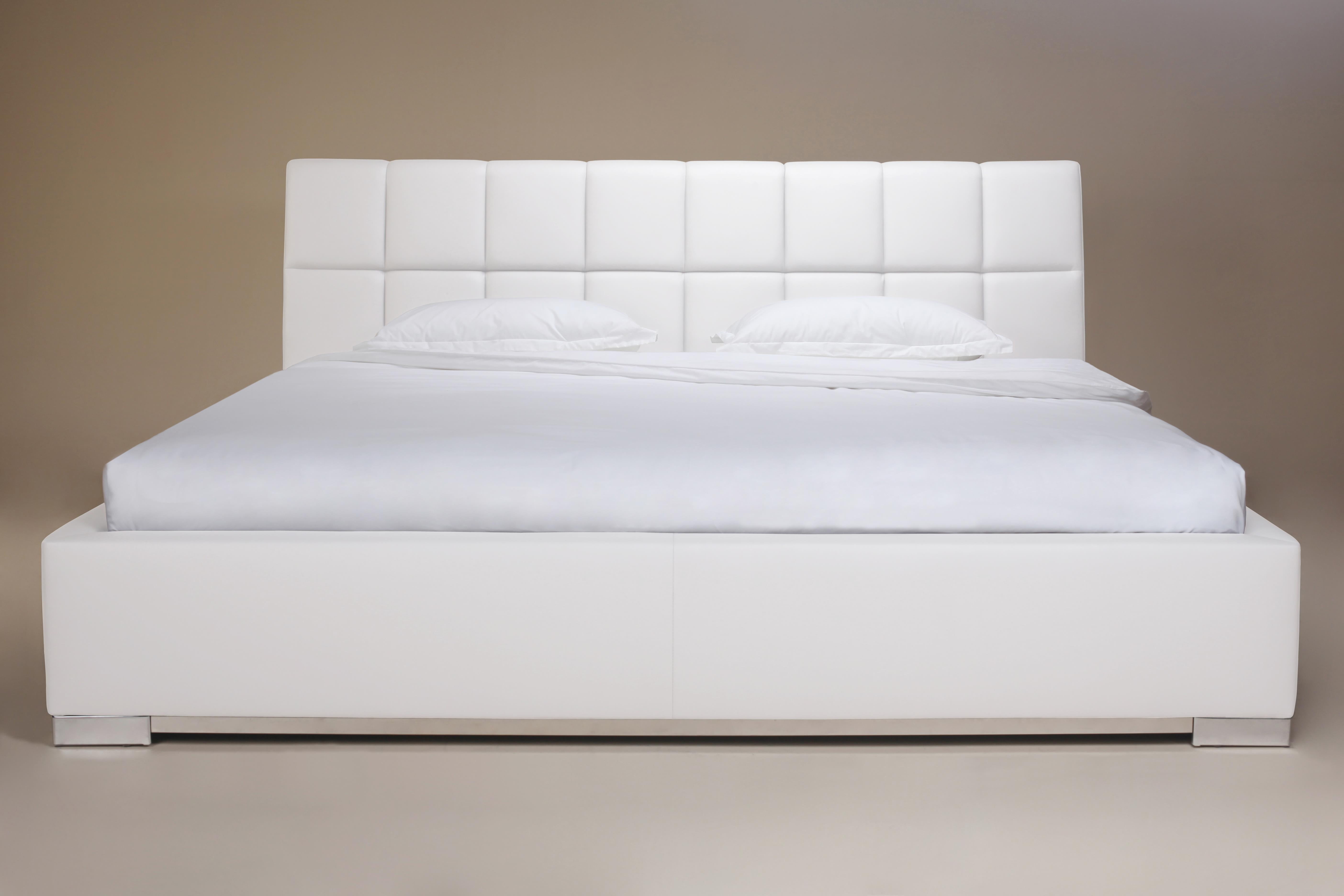 William Bed King, White Faux Leather, tufted headboard, chrome feet