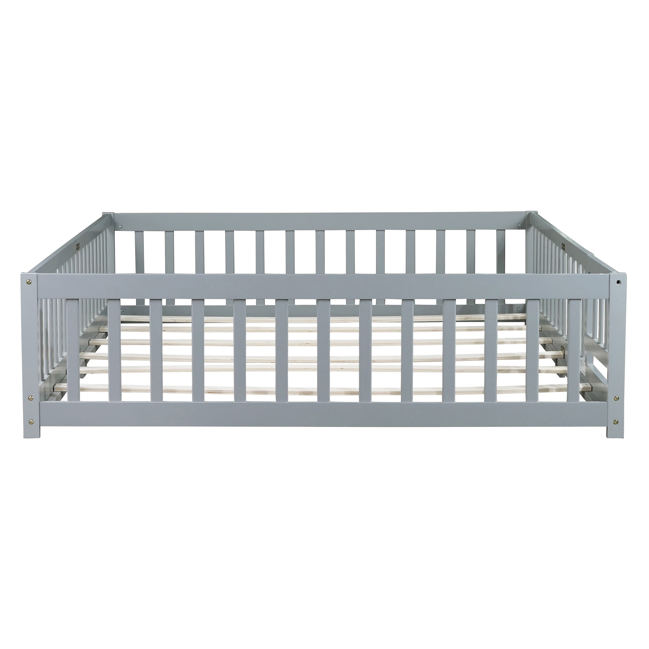 UHOMEPRO Queen Size Floor Bed with Door and Fence for Kids, Toddler Bed Montessori Floor Bed with Slats and Safety Guardrails, Solid Wood Queen Bed Frame for Girls Boys Kids Bedroom, Gray