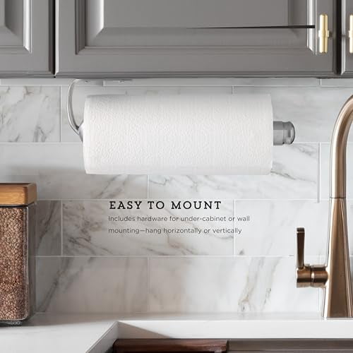 Wall Mount Paper Towel Holder for One-Handed Use, Patented Design with Rounded Finial, 14-Inch Brushed Silver Metal Finish for Kitchen or Bathroom