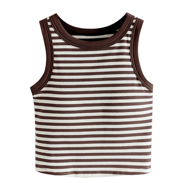 Débardeur Court pour Femmes avec Coussin de Poitrine Rayures Débardeur de Sport Sans Manches à Col Rond pour Femmes avec Soutien