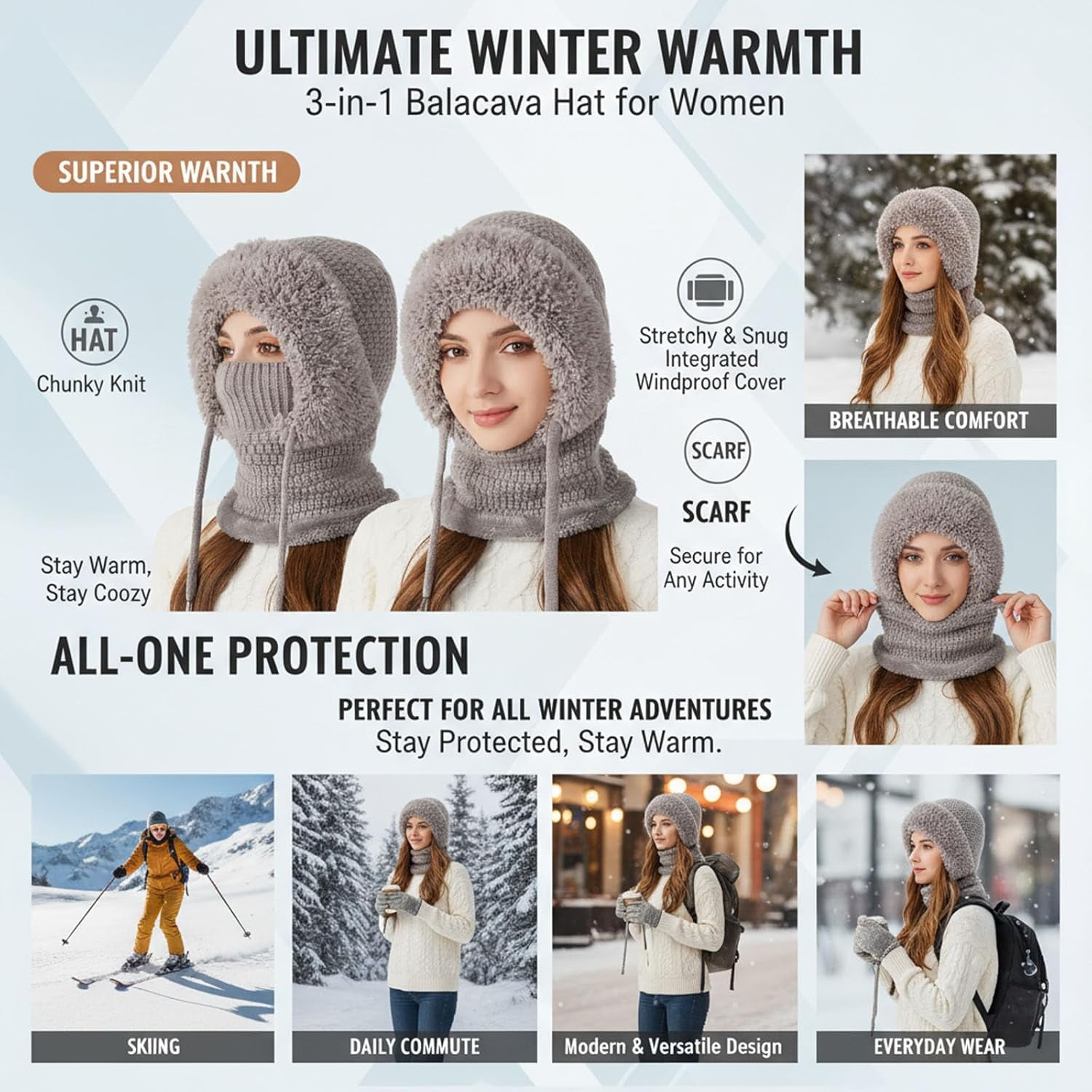 3 in 1 Beanie Hat with Scarf & Mask, Women's Winter One-Piece Knitted Balaclava