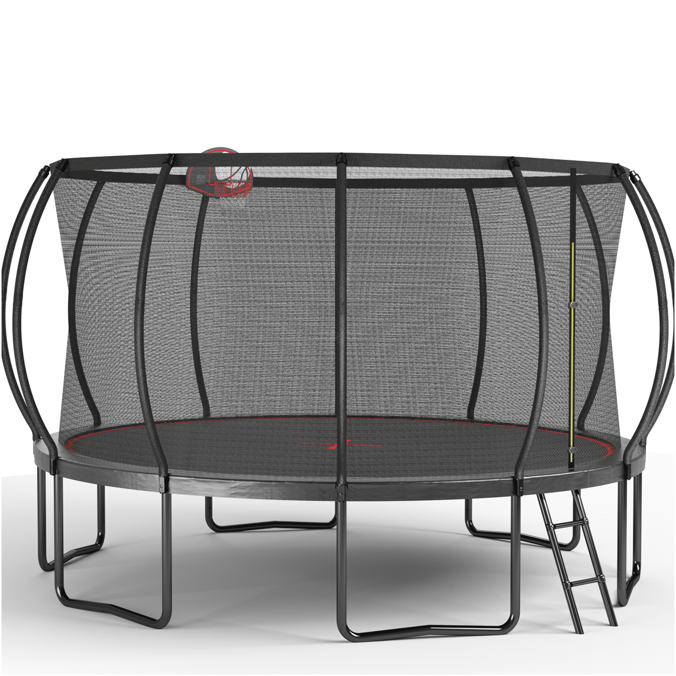 JERFIT 14FT Trampoline with Safety Enclosure Net, Basketball Hoop & Ladder, Outdoor Jumping Mat for Kids, Black and Red Steel Frame