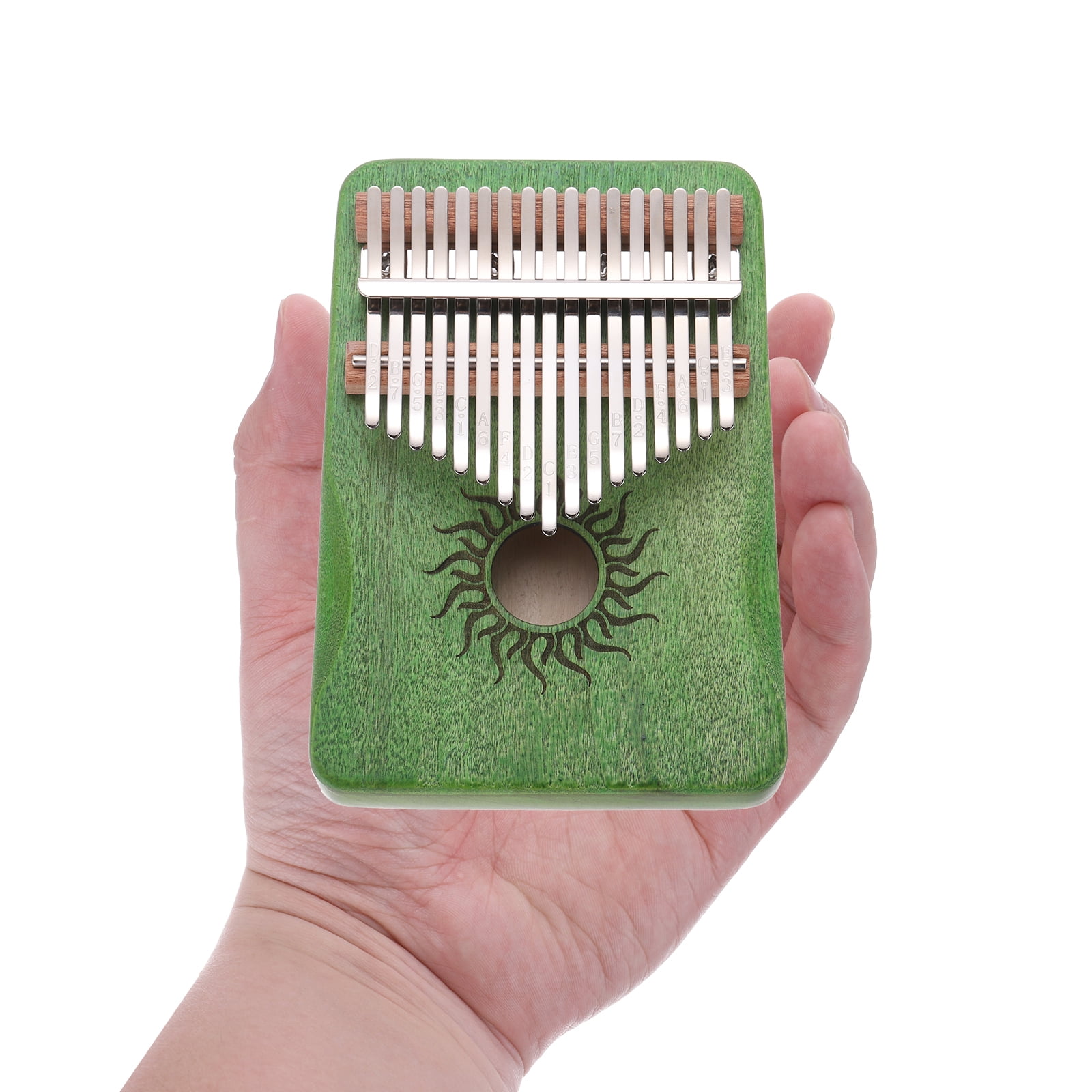 Uxcell 17 Keys Thumb Piano, Green Mini Portable Finger Piano Maple Wood Sun Pattern with Protective Bag, Tune Hammer