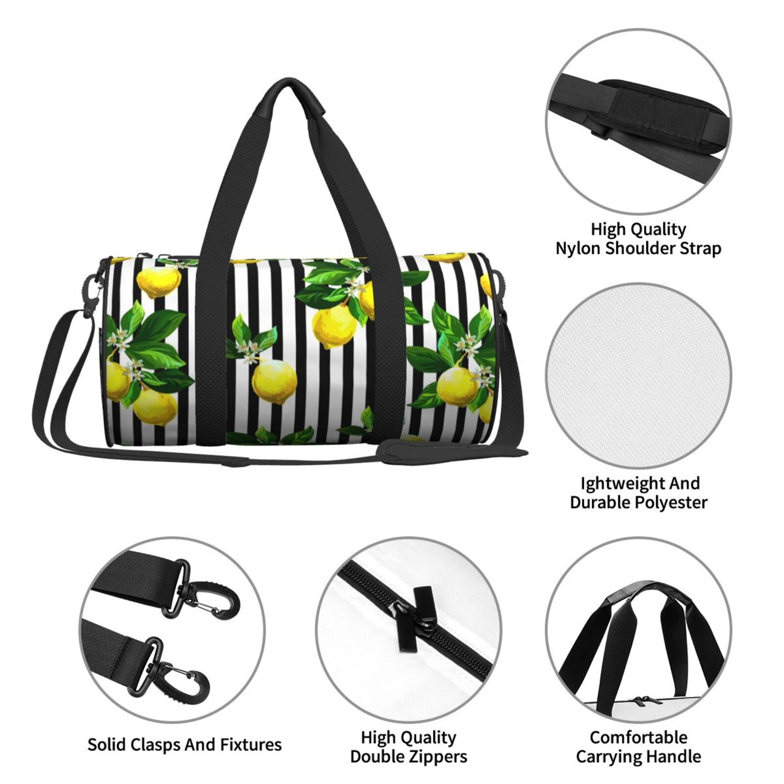 Vsdgher Lemons on Striped 45L Foldable Duffel Bag, Sports Gym Bag,Overnight Bag, Portable Weekender Bag for Airplanes