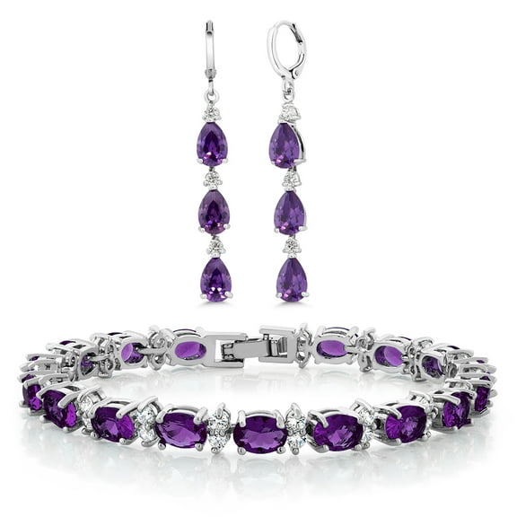 Gem Stone King Women Jewelry Set | 7 inch Bracelet and 2 inch Pear shape Dangle Earrings | Purple and White CZ | Fine Jewelry Gifts for Birthday Anniversary Her Mom Women Wife Sister Best Friend