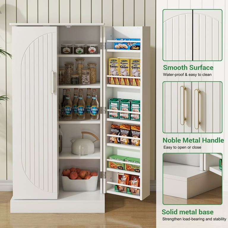 HLR 46 inches White Pantry Cabinets, Kitchen Pantry with Doors and Shelves  for Kitchen, White Pantry Storage Cabinet with Black Metal Base for Living