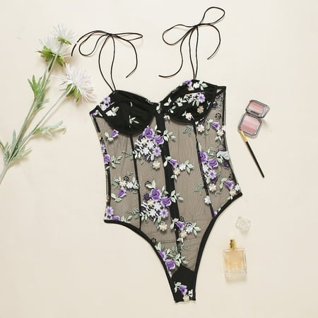

UoCefik One Piece Lingerie for Women See Through Mesh Bow Floral Babydoll Sexy Spaghetti Strap Teddy Black M