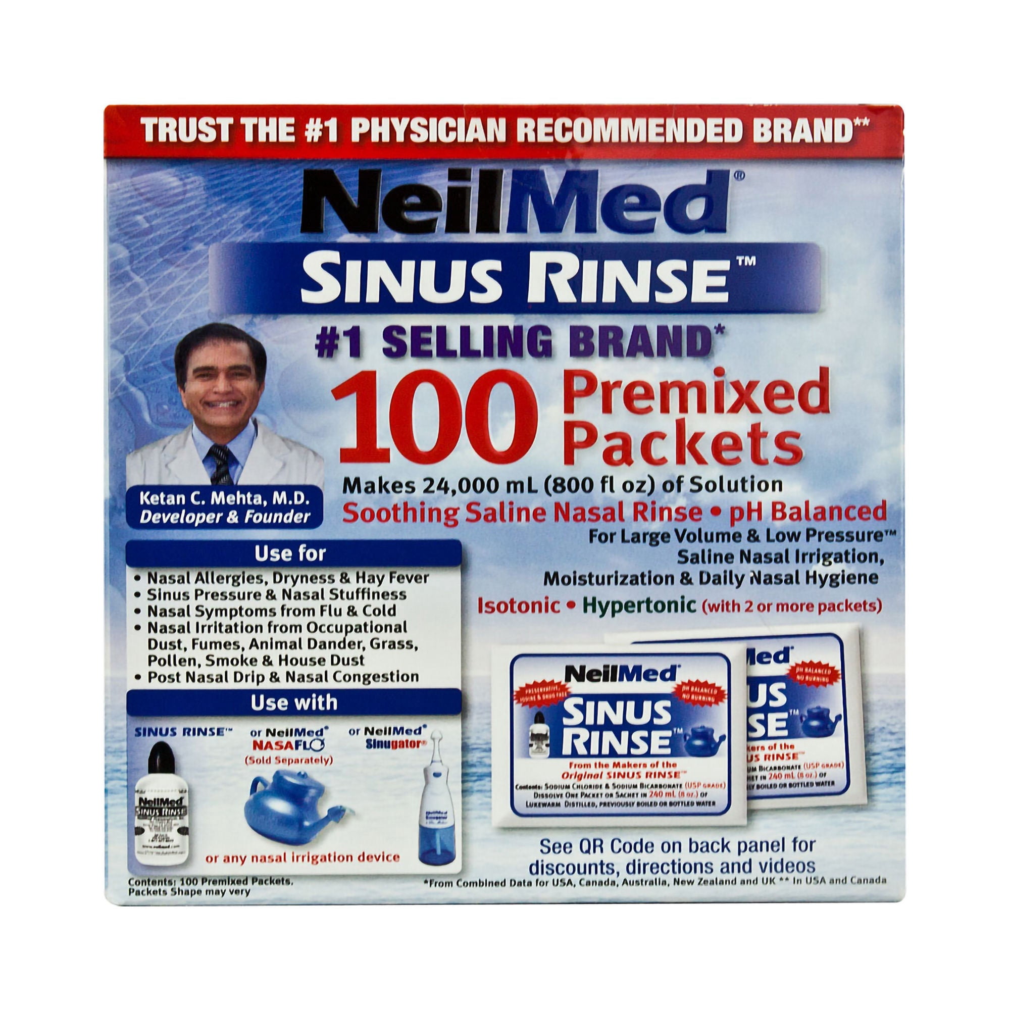 NeilMed Sinus Rinse Premixed Saline Packets – 100 Count, pH Balanced, Preservative-Free