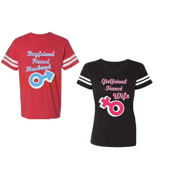 Boyfriend Girlfriend Fiance Husband Wife Unisex Couple Matching Cotton Jersey style T-Shirt Contrasting stripes on sleeves (Men Red / Women Black) (Men S / Women S)