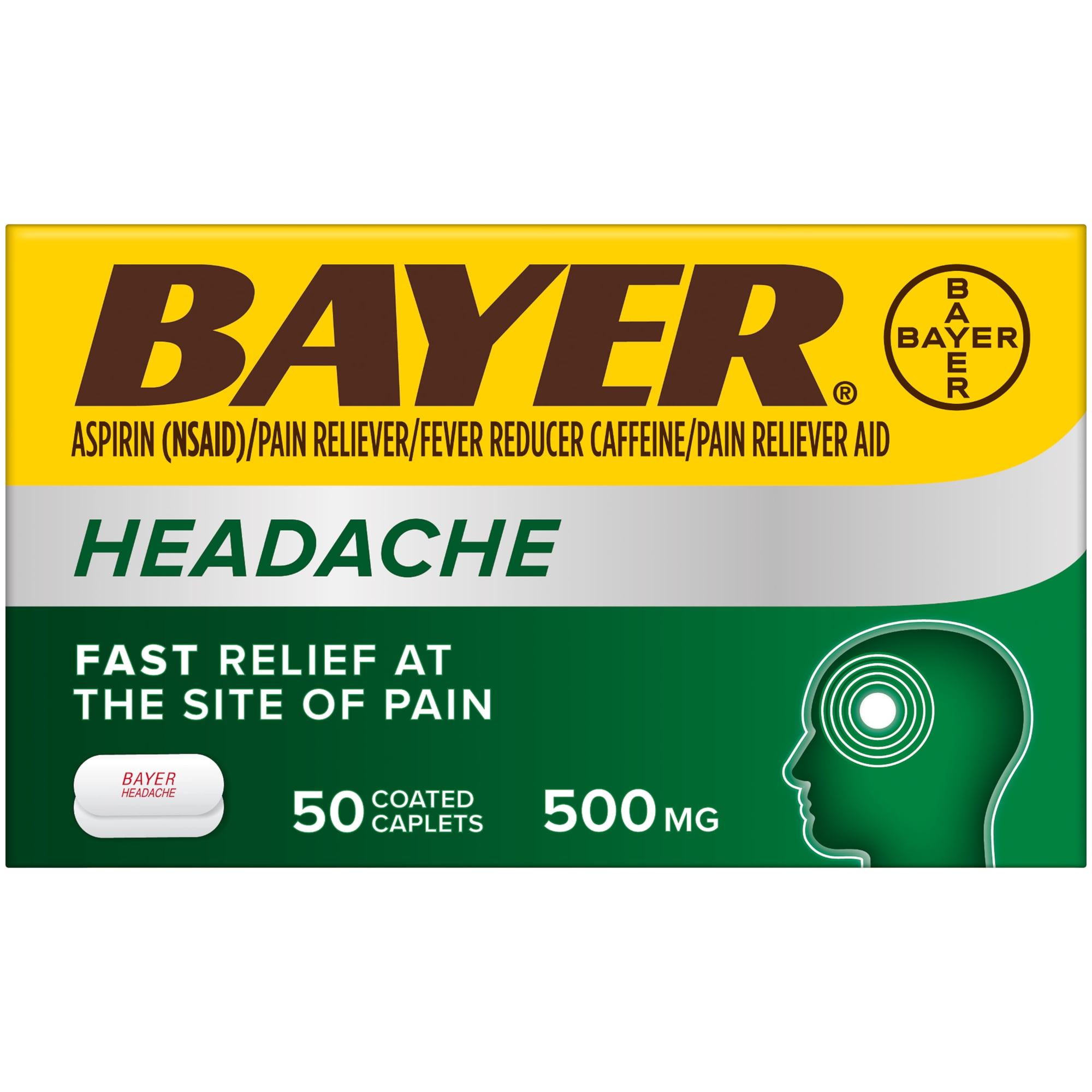 Bayer Headache Aspirin, 500mg Coated Tablets with Caffeine, 50 Count