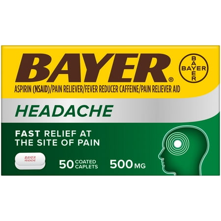 Bayer Headache Aspirin, 500mg Coated Tablets with Caffeine, 50 Count
