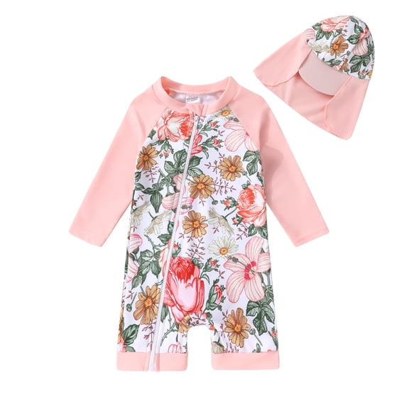 Happy Town Toddler Baby Girl Floral Swimsuit Long Sleeve One-Piece Rash Guard Bathing Suit with Hat