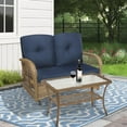 thumbnail image 4 of MEETWARM Outdoor Wicker Patio Glider Set, Loveseat for 2 Person Porch Furniture Glider with Glass-Top Coffee Table, Patio Glider Rocking Bench with Thickened Cushions, Navy Blue, 4 of 7