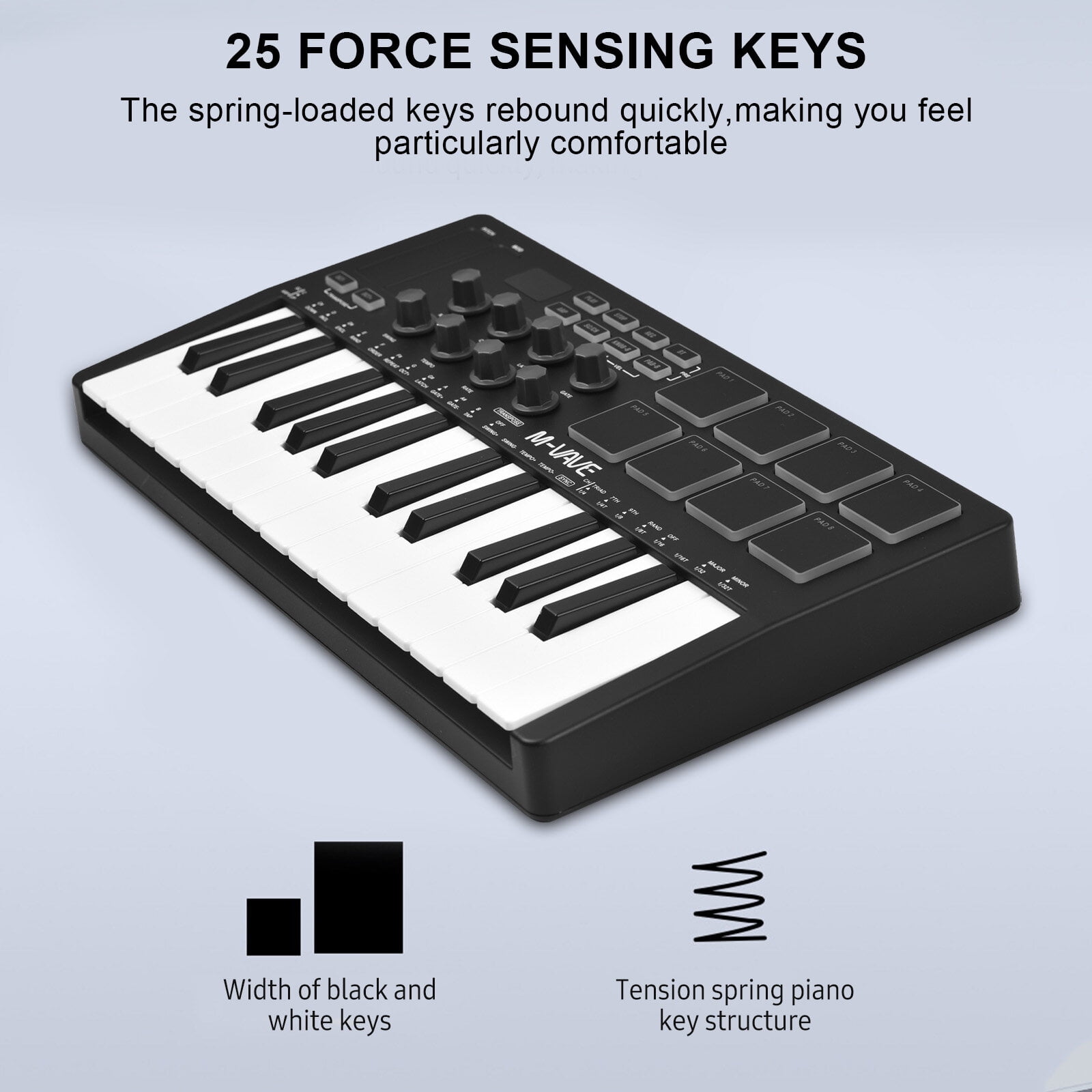 M-VAVE 25-Key MIDI Control Keyboard Mini Portable USB Keyboard MIDI Controller with 25 Velocity Sensitive Keys 8 RGB Backlit Pads 8 Knobs