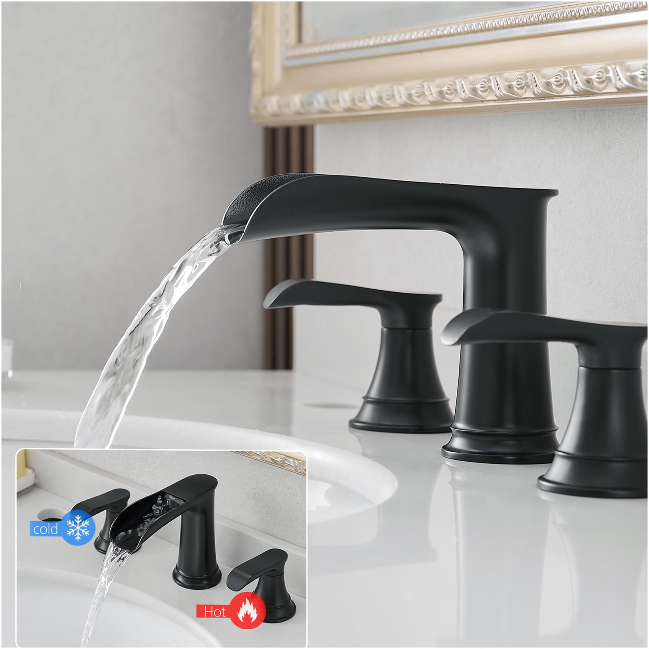 JERFIT 8-inch Widespread Bathroom Sink Faucet, 3-Hole Matte Black Vanity Faucet with Lever Handles and Pop-Up Drain