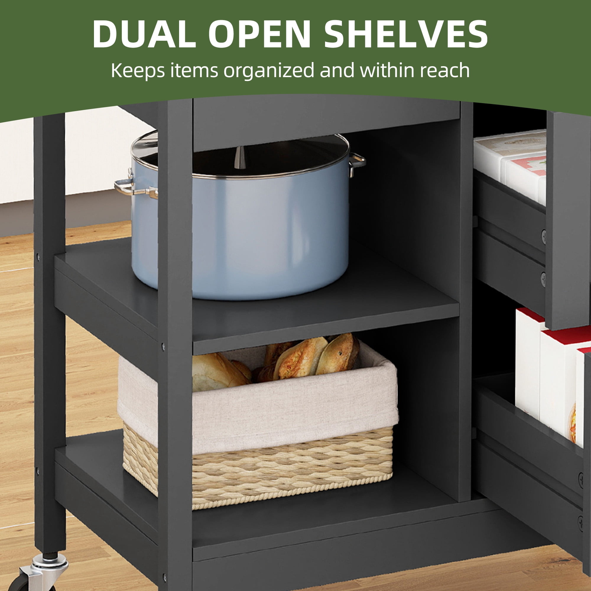 Uforic Kitchen Storage Cart with Drawers & Open Shelves, Rolling Kitchen Island, Gray