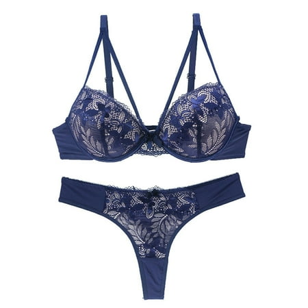 ALLLIST Lace Bras for Women No Wire Push up Bra And Panty Set Blue Comfy Embroidered Nylon T-Shirt Ladie Bras Size L