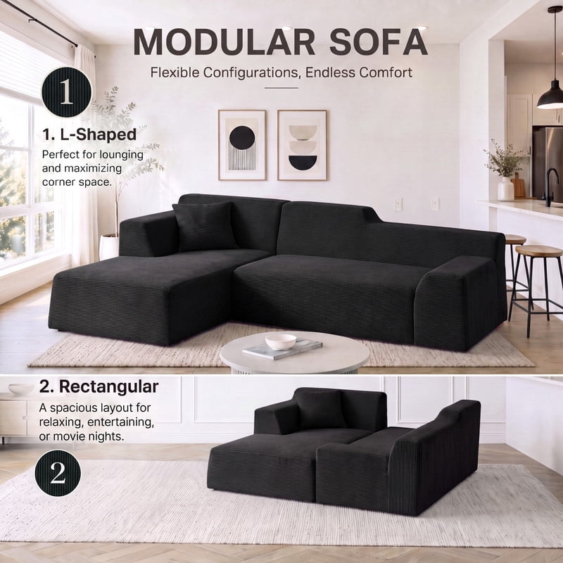 Gewnee 96" Modular Sleeper Sofa Bed, Boneless Sectional Couch with Deep Seat, Boneless Couches for Living Room, Black（Corduroy）