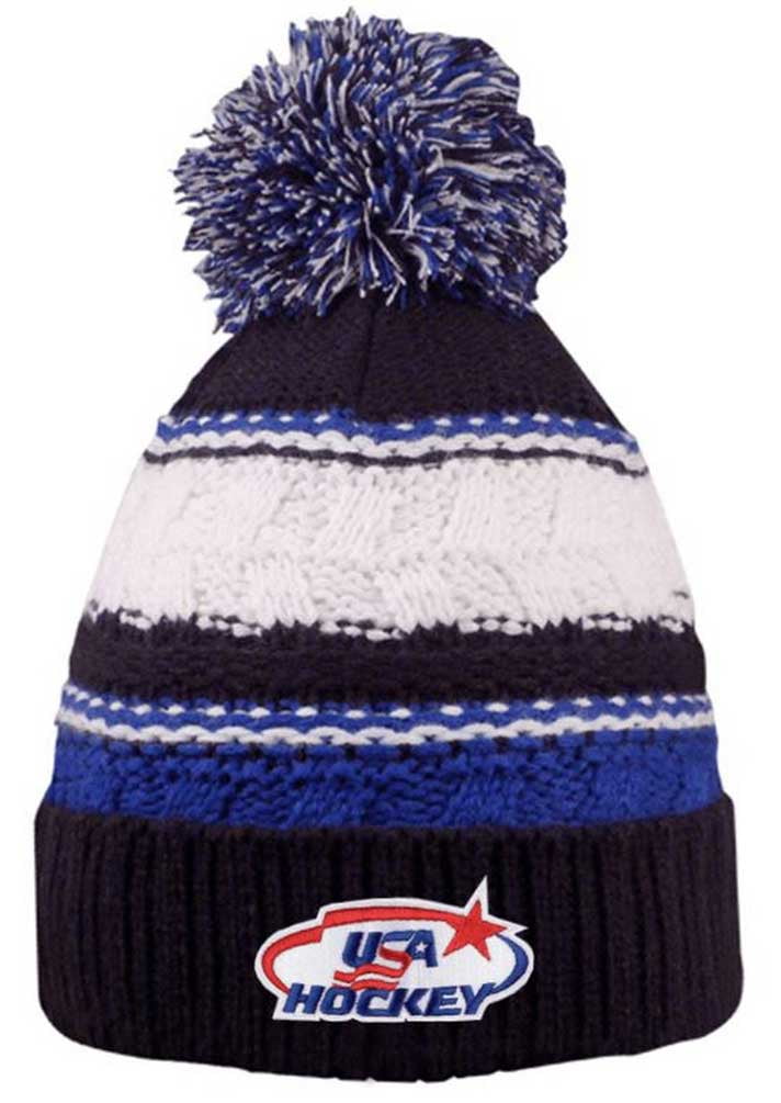 USA Hockey Blue Striped Beanie Cap Stocking Knit Hat Winter Sports Ski