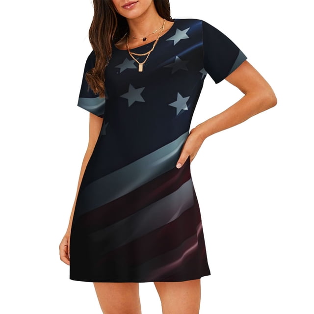 Balery American Flag Waving Print Camisón de manga corta con cuello redondo para mujer, cómodo y elegante.