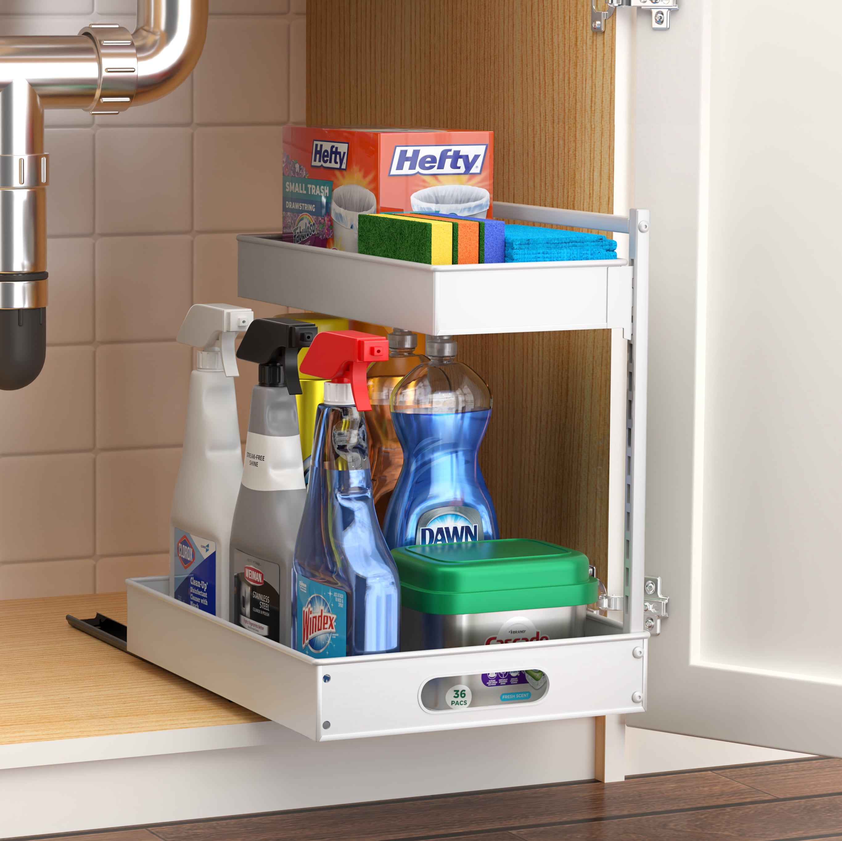 Sorbus 2-Tier Under Sink Organizer with Sliding Drawers, No-Drill Storage Rack (White)