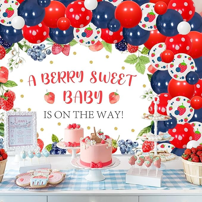 66Pcs Berry Sweet Baby Shower Decorations, Blueberry Strawberry Balloon Garland Arch Kit with a Berry Sweet Baby Is on the Way Backdrop for Girls Fruit Berries Themed Baby Shower Party Supplies