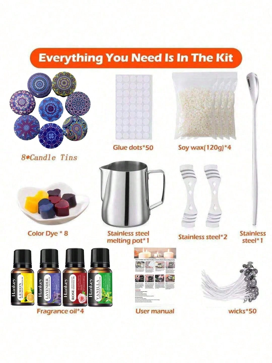 All-in-One Candle Making Kit for Beginners - Create 8 Soy Wax Candles with Fragrance Oils, Dyes, Tins, Wick & Tools Included