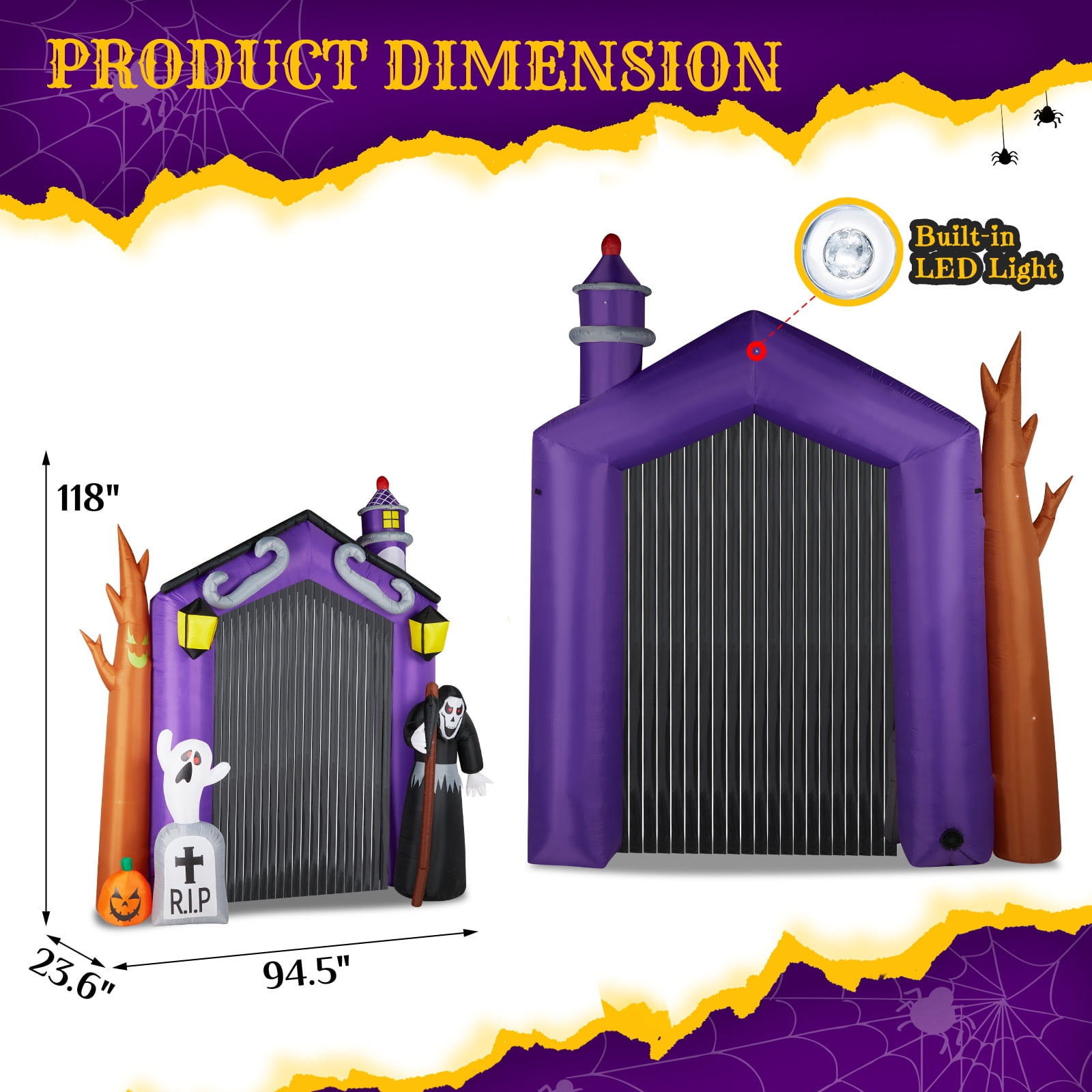 9.8 FT Halloween Inflatable Haunted House Castle Archway with Grim Reaper & Ghost, LED Lights for Yard/Party