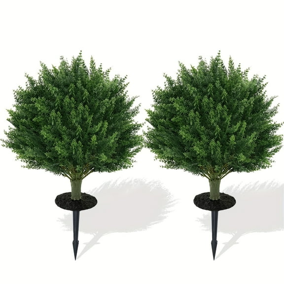 UV Resistant Artificial Cedar Topiary Trees Set of 2 - Fake Evergreen Shrubs with Ground Spikes for Outdoor Indoor Front Porch Patio Entryway Planter Decor