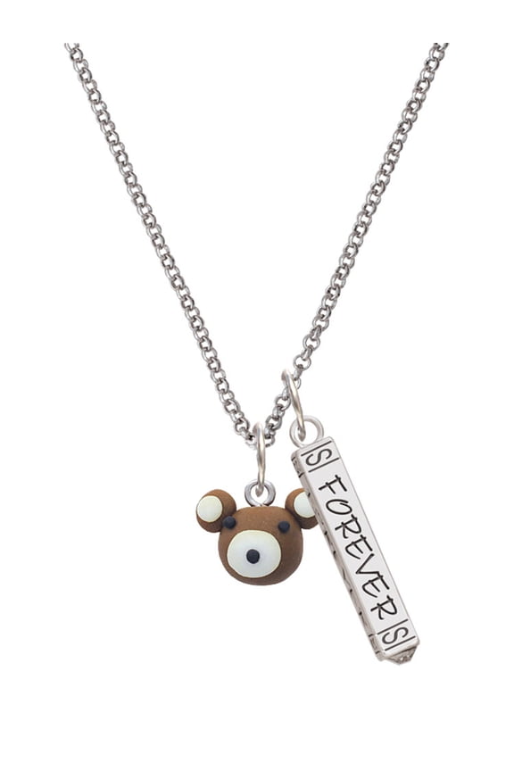 Fimo Clay Teddy Bear Silvertone Forever Bar Charm Necklace, 23"
