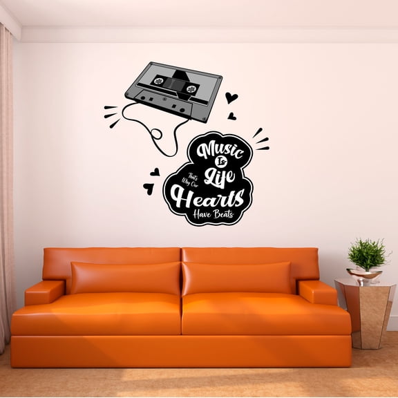 Music Wall Decal 90's Nostalgic Audio Cassette Silhouette Bedroom Wall Decal for Children Instrument Cute Themed Room Décor - Size: 10 In x 10 In
