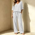 thumbnail image 5 of 2 Piece Outfits For Women, V Neck Pullover Blouse & Drawstring Pants Set, Solid Color Casual Summer Travel Clothes, Comfy Lounge Set With Pockets White XL, 5 of 6