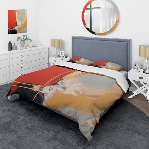 Designart "Abstract Expression in Yellow and Red" Abstract Painting Bedding Covert Set - Abstract Red Modern Bed Set With 2 Shams