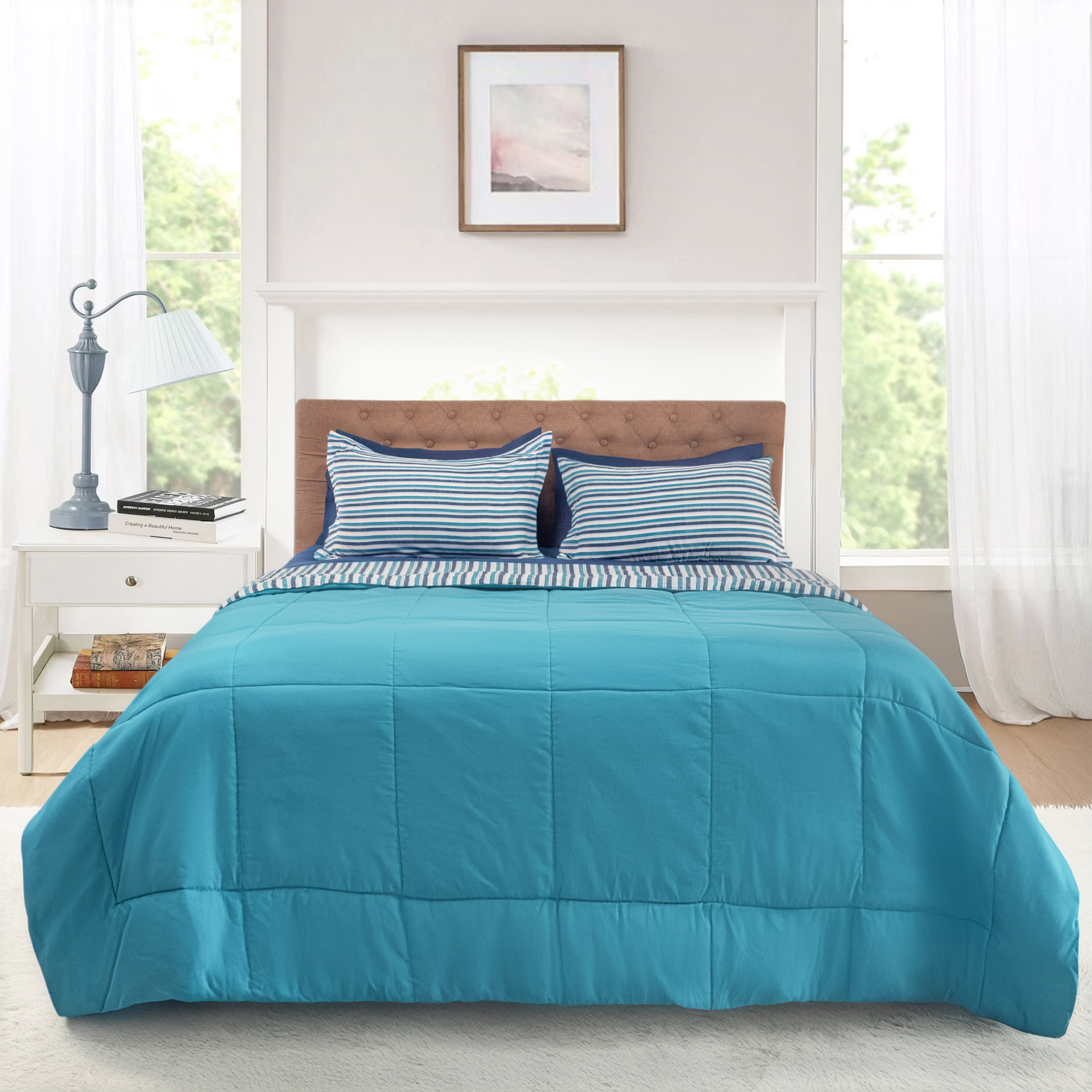 Mainstays All in One Reversible Comforter and Sheet Set- 7 Piece, King, Blue Pinstripe