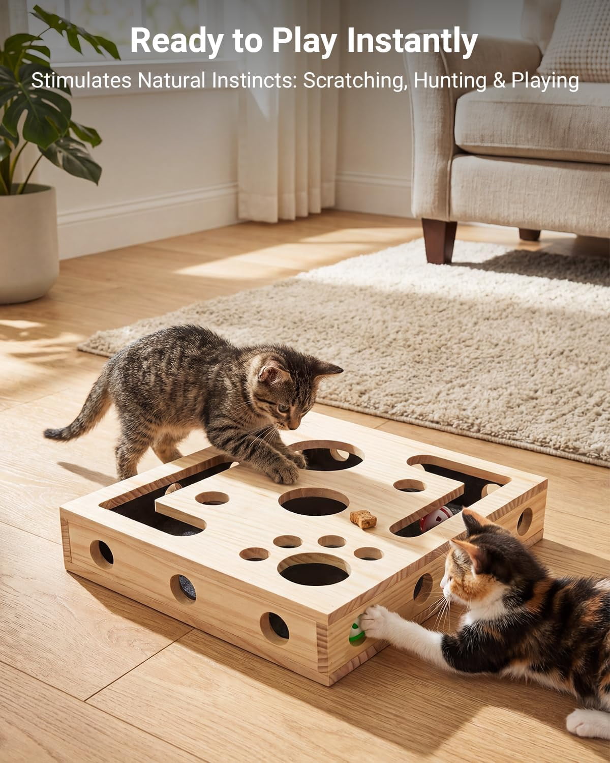 Cat Nail File Box with Interactive Cat Toys – 2026 Cats Nail File Enrichment Box Scratch Puzzle Toy for Indoor Cats, Natural Claw Care & Enrichment Activity with 3 Bell Ball(Random Color)