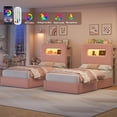 thumbnail image 3 of Homfa Twin Size Velvet Upholstered Bed with LED Lights & 2 Drawers, Storage Headboard Platform Bed Frame with USB Ports & Outlets, Pink（Iron Slats+ 2 Drawers+ 2-Tier Side-Shelves), 3 of 8
